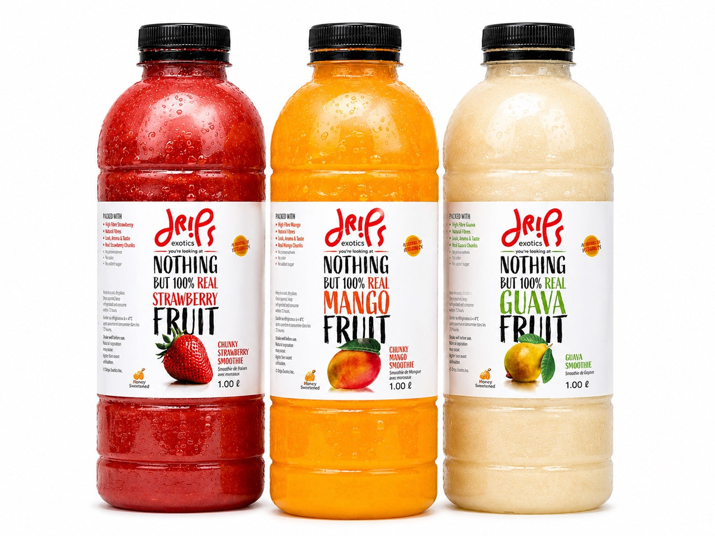Drips Exotics 1L lineup — Strawberry, Mango and Guava