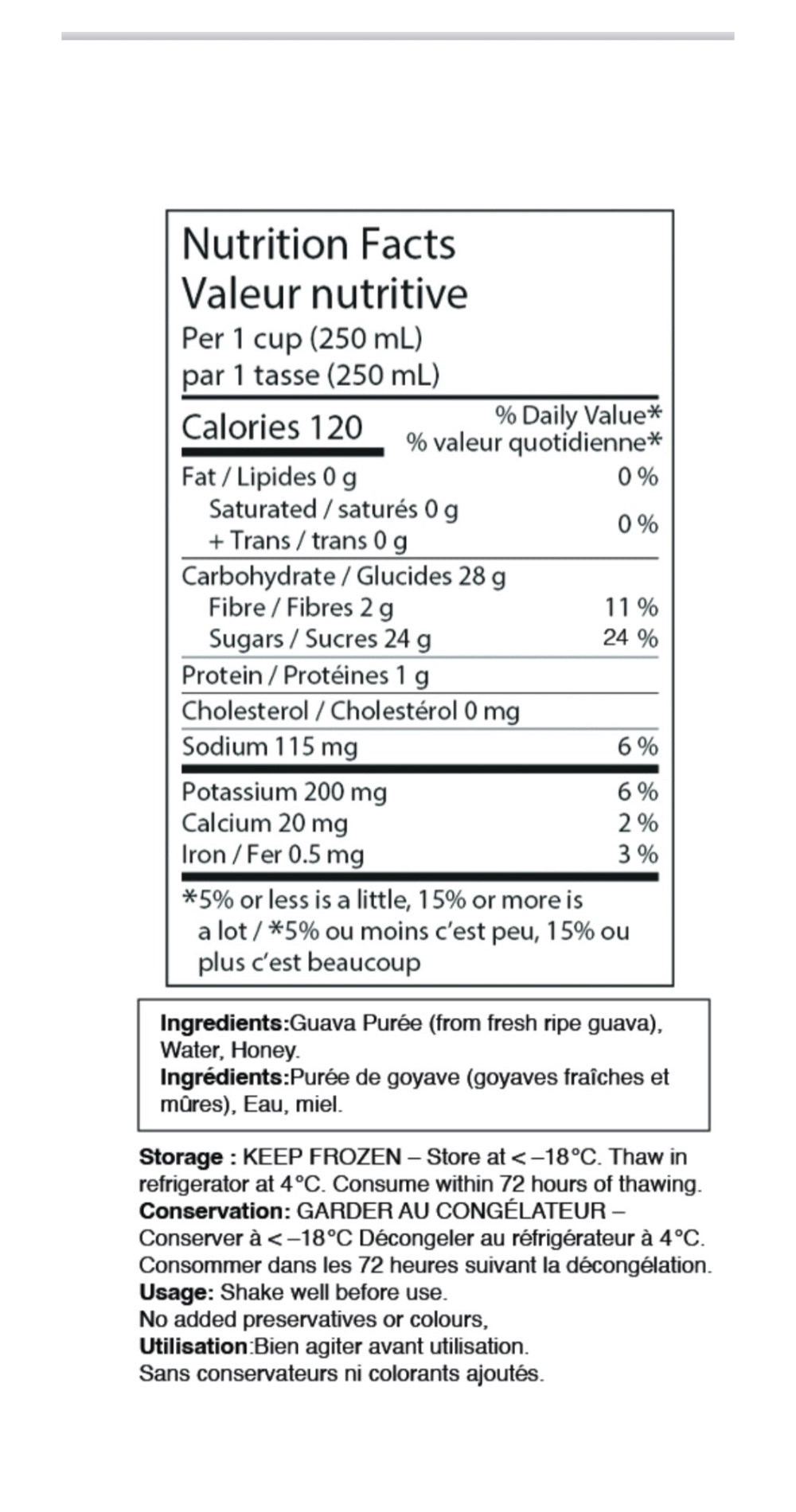 Guava Chunky Smoothie – Honey Sweetened - 1L nutrition facts